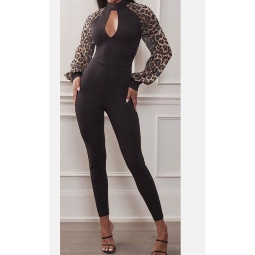 Bebe Printed Puff Sleeve Catsuit Black Leopard Keyhole Jumpsuit 105046 Large